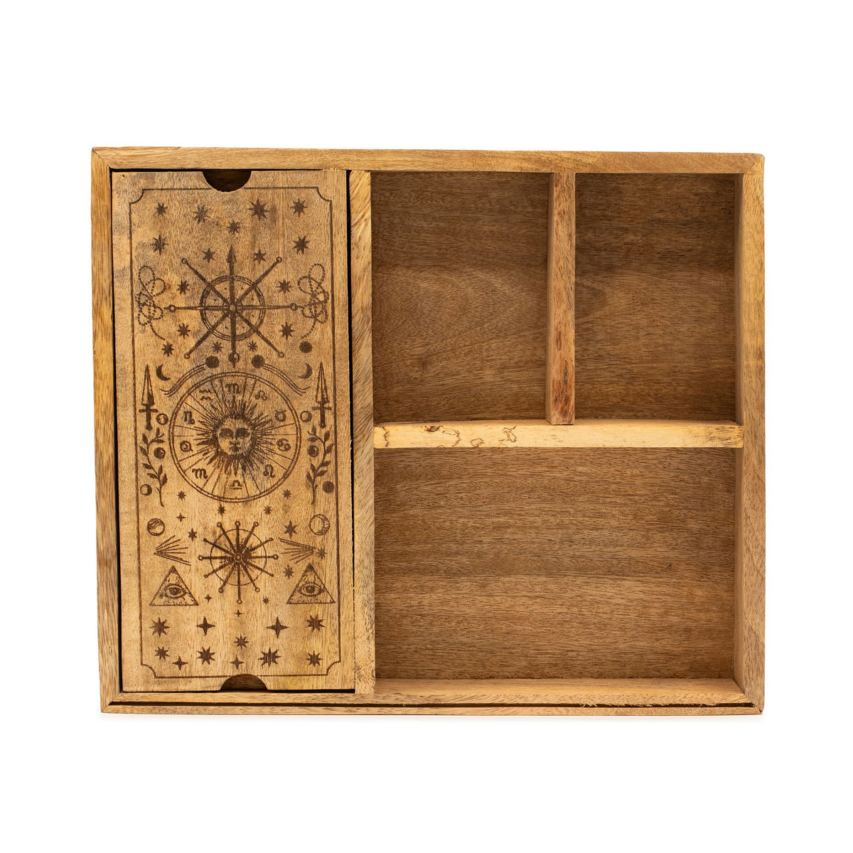 Tarotbox mit vier Fächern – graviertes Motiv