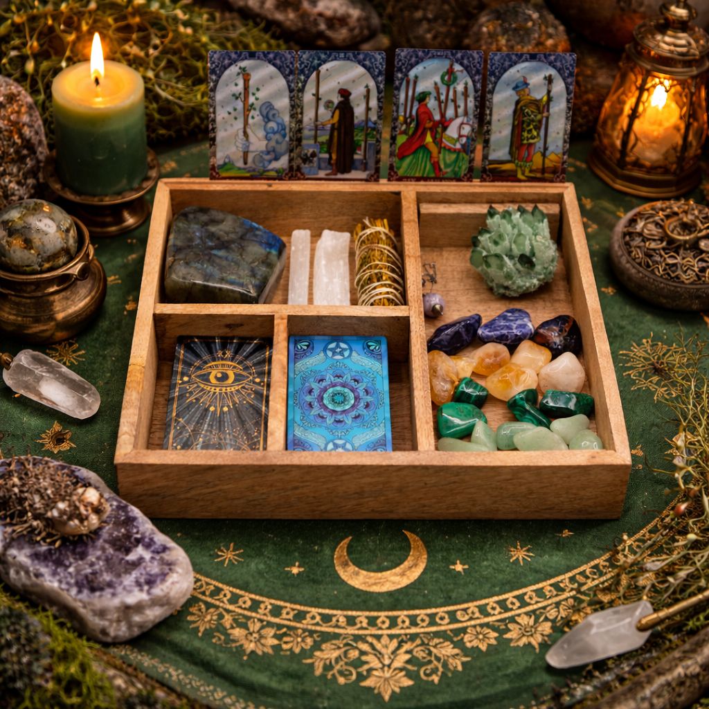 Tarot-Organizer aus Mangoholz – vier Fächer