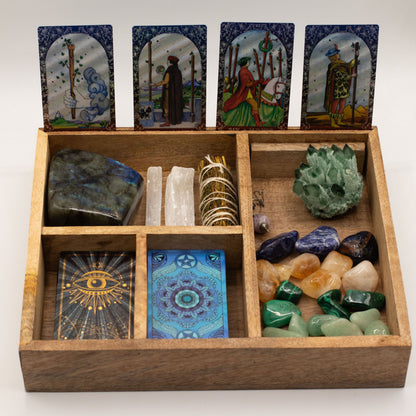 Tarot-Organizer aus Mangoholz – vier Fächer