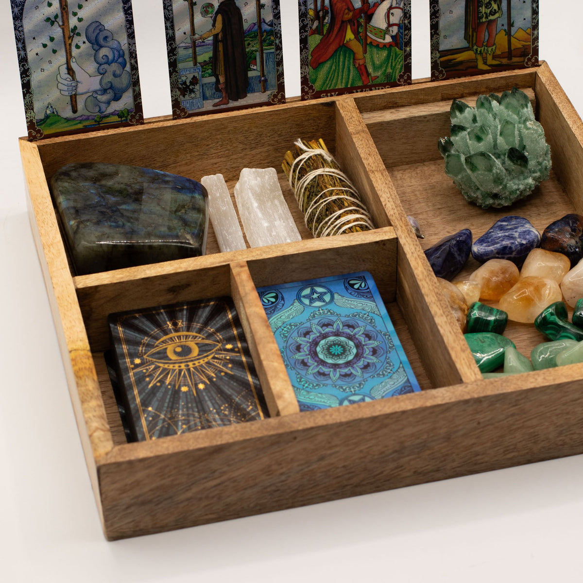 Tarot-Organizer aus Mangoholz – vier Fächer