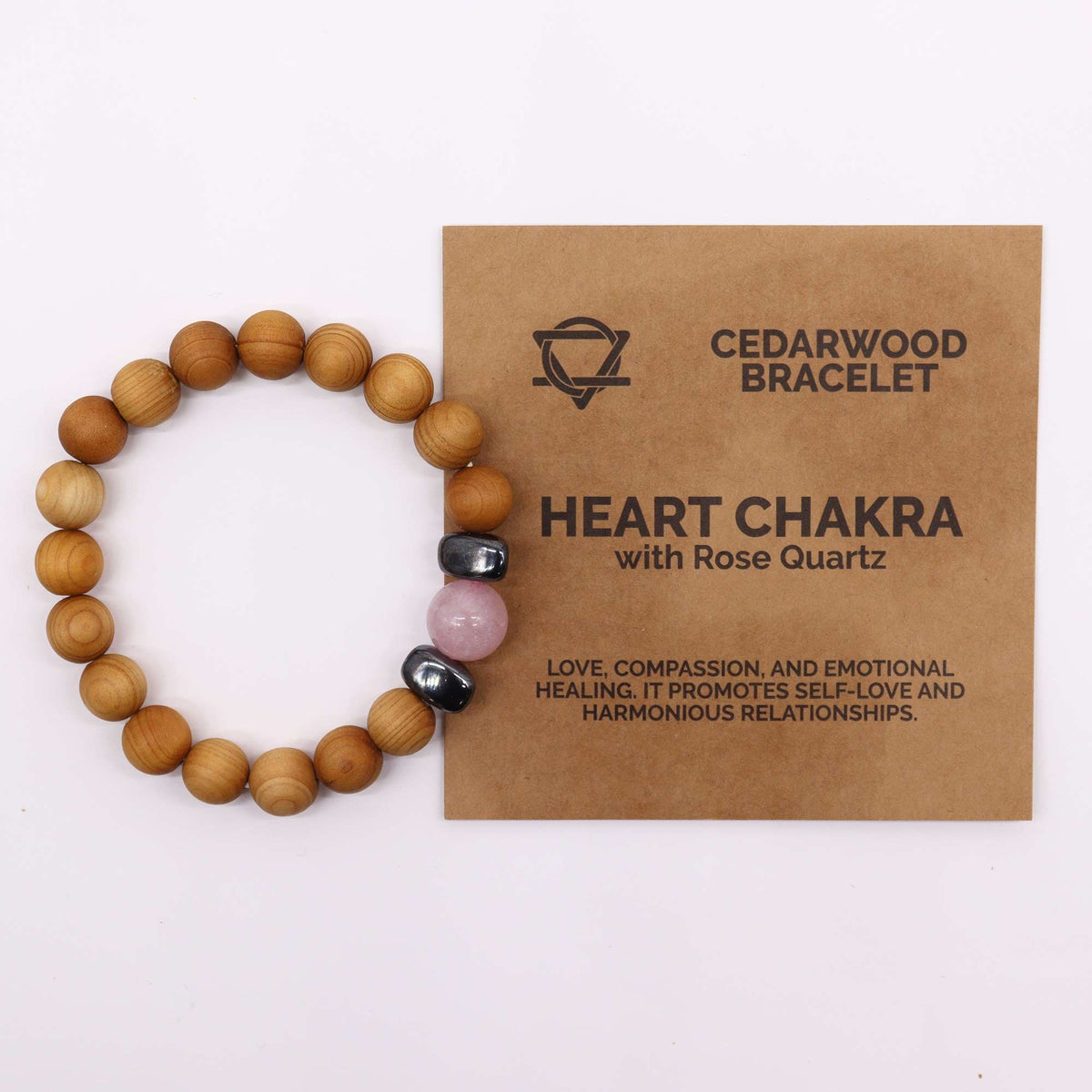 Herzchakra-Armband aus Zedernholz mit Rosenquarz