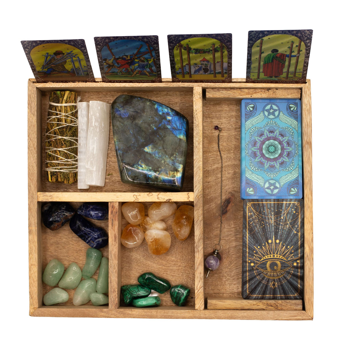 Tarot-Organizer aus Mangoholz – vier Fächer