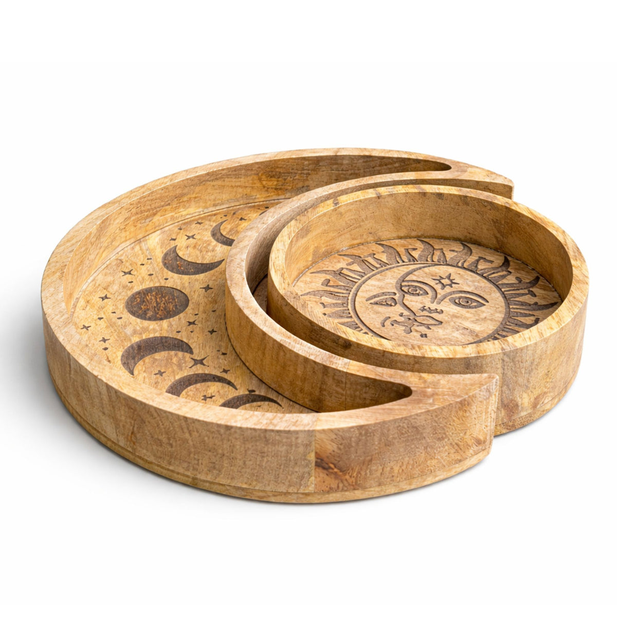 Set aus zwei Holztabletts – Sonne und Mond