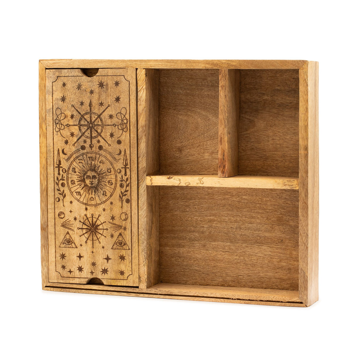 Tarotbox mit vier Fächern – graviertes Motiv