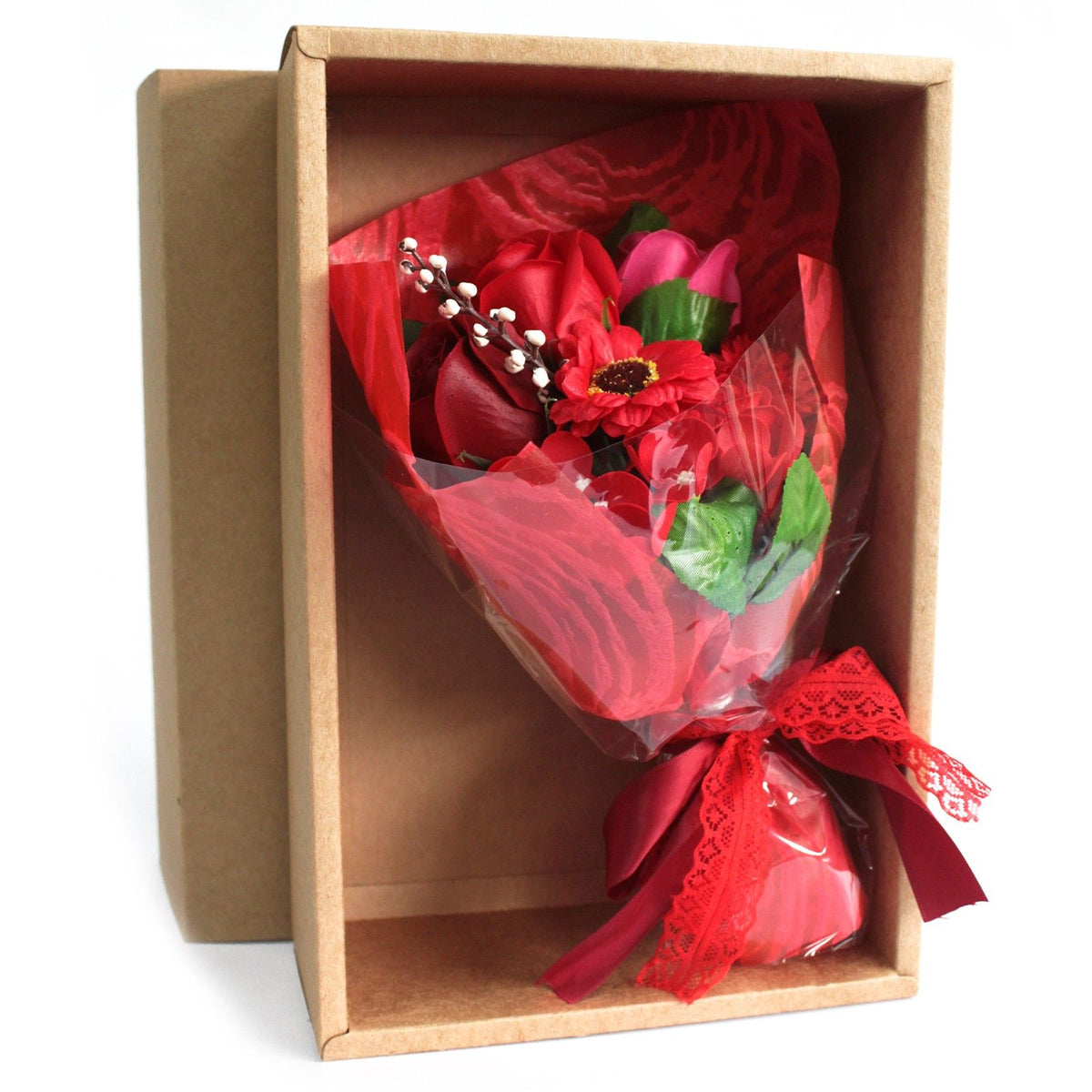 Geschenkstrauß aus Seifenblumen in einer roten Box