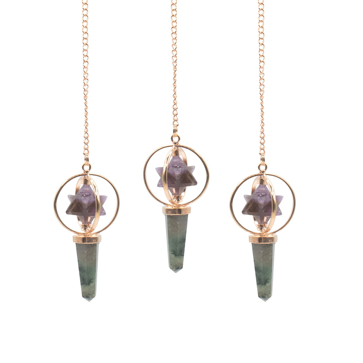 Kosmisches Navigator-Pendel mit Merkaba-Drehstern – Amethyst und Labradorit.