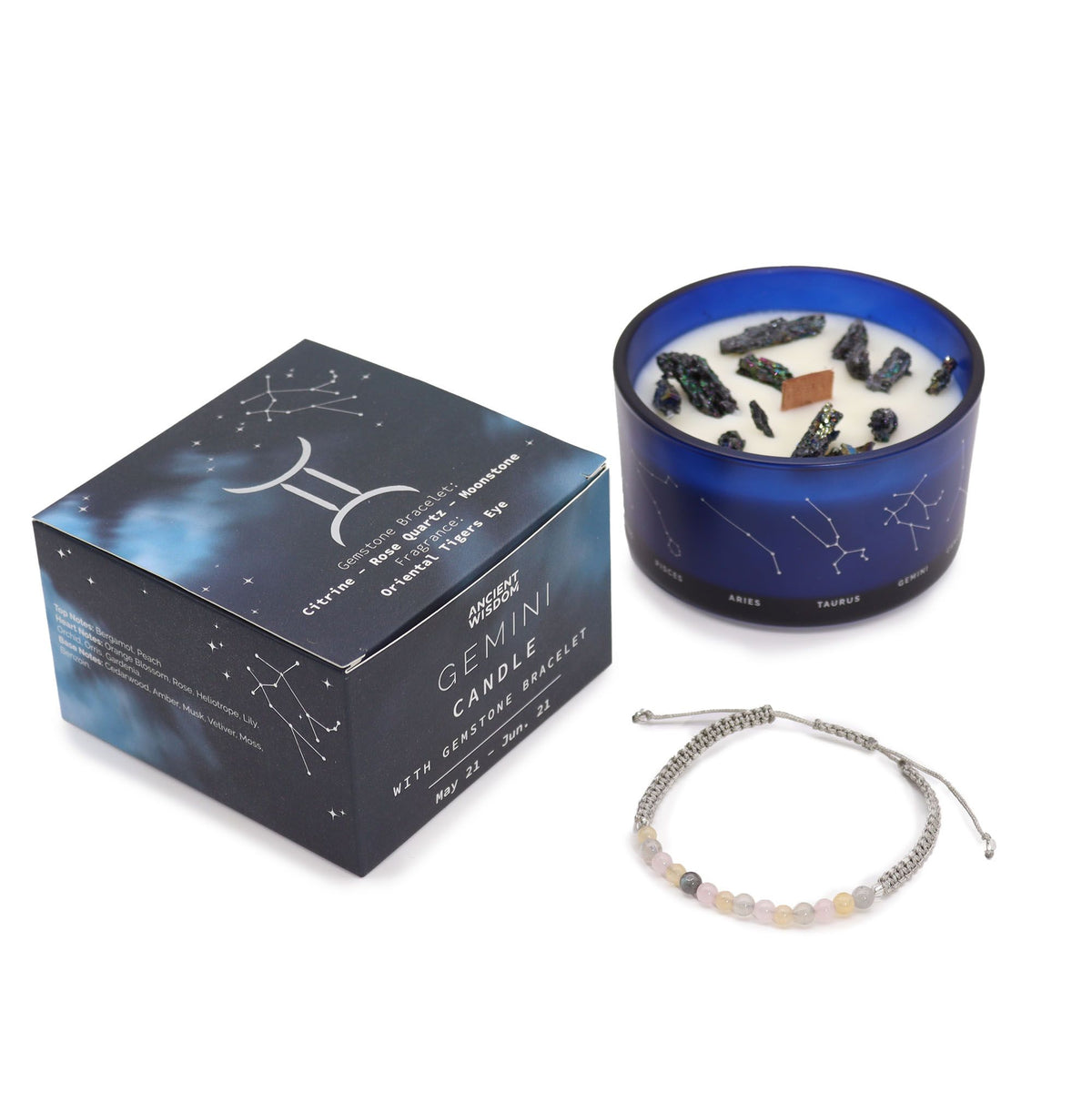 Sternzeichen-Kristallkerze mit Edelsteinarmband und Kartenlegung – Zwillinge