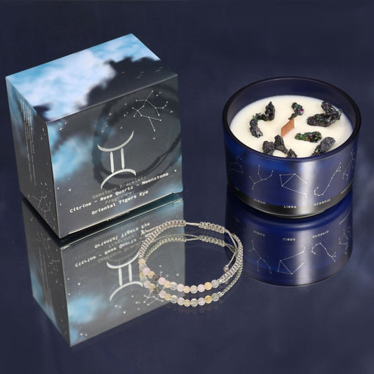 Sternzeichen-Kristallkerze mit Edelsteinarmband und Kartenlegung – Zwillinge