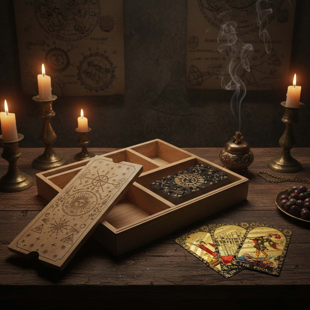 Tarotbox mit vier Fächern – graviertes Motiv